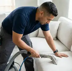 Professional upholstery cleaning technician using an extraction wand to deep-clean a fabric sofa, Omaha, NE.
